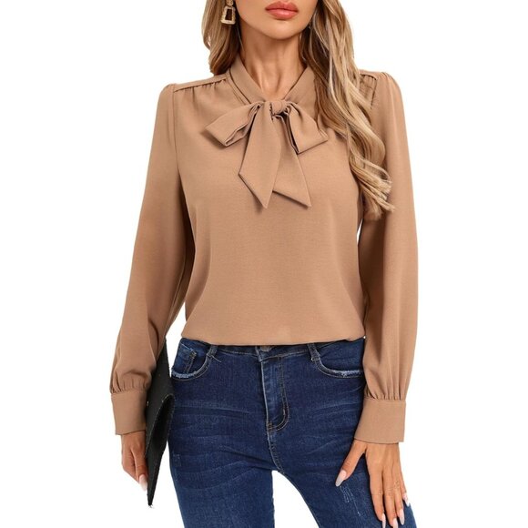 Tops - Women's Long Sleeve Bow Tie Blouse Business Office Casual Top Medium
